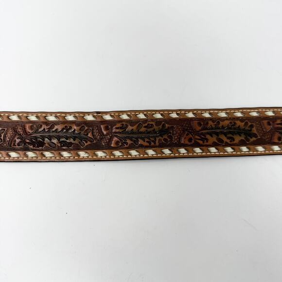 Tory Full Grain Cowhide Brown Leather Tooled Acorn Oak Leaf Laced Belt Size 30 - Picture 8 of 12